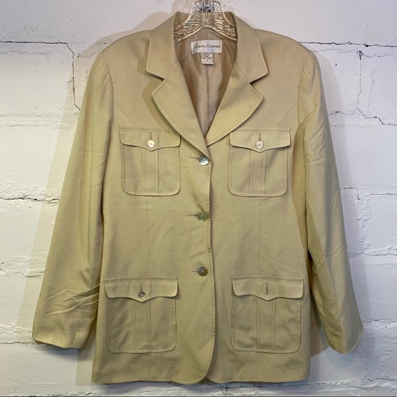 Casual Corner Vintage 100% Silk Tan Silk Blazer with Pockets Safari Inspired - Picture 1 of 8